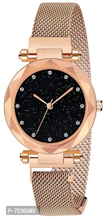 Acnos Black Round Diamond Dial with Latest Generation Rosegold Magnet Belt Analogue Watch for Women Pack of - 1 (DM-ROSEGOLD17)