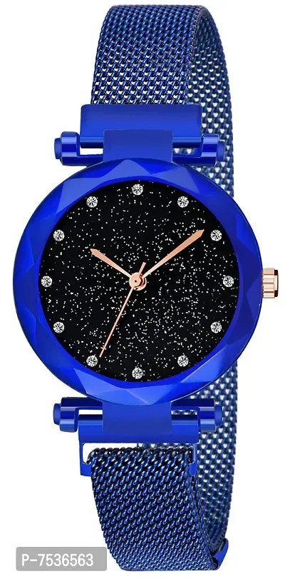 Acnos Blue Color 12 Point Diamond with Trending Magnetic Analogue Metal Strap Watch for Girl's and Women's Pack of - 1(DM-170)