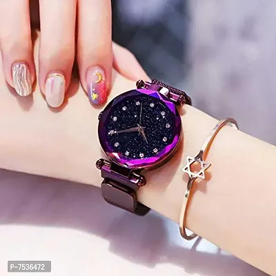 Acnos Purple and Black Color 12 Point with Trending Magnetic Analogue Metal Strap Watches for Girl's and Women's Pack of - 2(DM-190-200)-thumb3