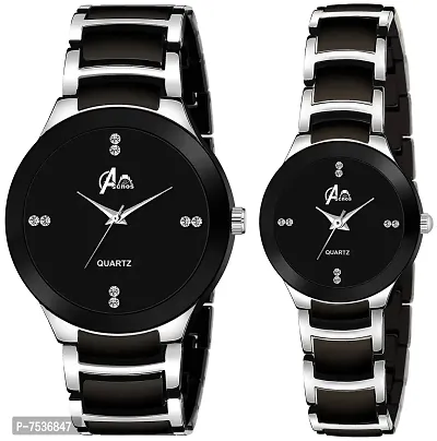 Acnos Plated Full Dial Couple Analog Watches for Men and Women (Black Silver) Pack of 2