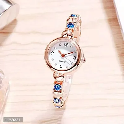 Acnos Rose Gold Heart Shape Blue Strap White Dial Diamond Bangle Stylist Women's Analogue Watch-thumb3