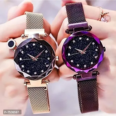 Acnos Purple and Rosegold Color 12 Point with Trending Magnetic Analogue Metal Strap Watches for Girl's and Women's Pack of - 2(DM-180-190)-thumb2