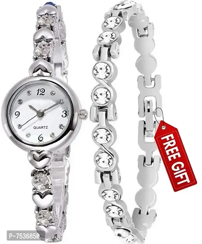 Acnos Silver Heart Shape Round dial Diamond with Bracelet Super Quality Analog Watch for Women (White, Silver) Pack of 2