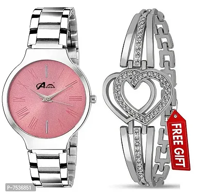 Acnos Stainless Steel Analog Watch with Heart Diamond bracelet for Women (Pink, Silver) Pack of 2