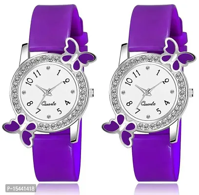 Acnos Purple Strap White Diamond Dial Analog Watch For Girls Best Design Butterfly Combo 2 Pack Of 2