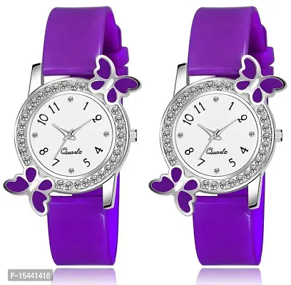 Acnos Purple Strap White Diamond Dial Analog Watch For Girls Best Design Butterfly Combo 2 Pack Of 2-thumb0