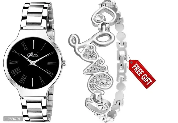 Acnos Brand - Branded Watch 4 Dial Black Stainless Steel Silver Band Wathces with Love Diamond Silver braclet and Watch for Women Watch for Girls