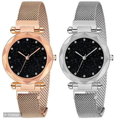Acnos Rose-Gold and Silver Color 12 Point with Trending Magnetic Analogue Metal Strap Watches for Girl's and Women's Pack of - 2(DM-180-220)