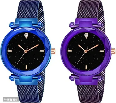 Acnos 4 Point Blue and Purple Color with Trending Magnetic Analogue Metal Strap Watches for Girl's and Women's Pack of - 2(P-170-190)