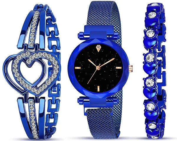 Diamond Studded Dial Magnetic Belt Analog Watch With Heart Shap Diamond Bracelet For Women/Girls Pack Of 3