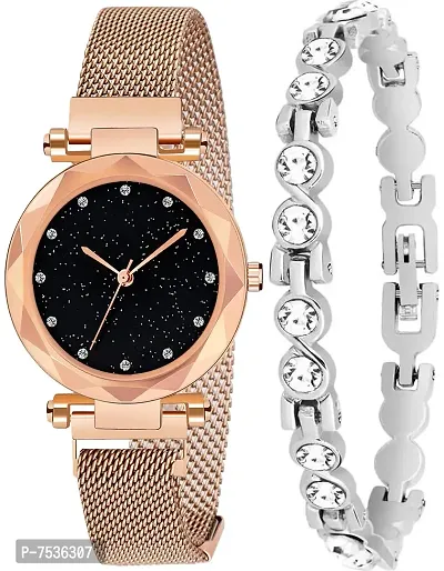 Acnos Brand - A Brand Festival Special Rosegold Round 12 Diamond Magnet Belt with Silver Bracelet for Women Pack of - 2