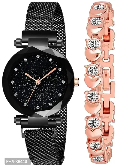 Acnos Women's Branded Black Magnet Analogue Watch With Fre Gift Rosegold Bracelet And Gift Box And Watch, Multicolour