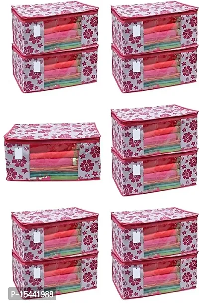 Acnos Metalic Pink Chain Flower Design 11 Piece Non Woven Large Size Saree Cover Set Pack Of 11 Pink and White