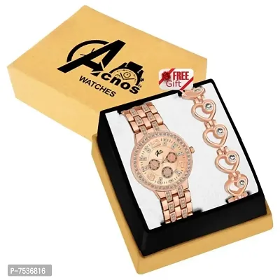 Acnos Branded Rose Gold Diamond Watch with Big Shape Heart Rose Gold Bracelet for Girls Watch for Women Pack of 2-thumb2
