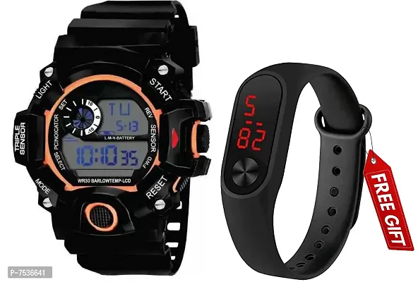 Acnos Brand - A Digital Watch with LED Shockproof Multi-Functional Automatic Orange Boader Black Waterproof Digital Sports Watch for Men's Kids Watch for Boys - Watch for Men Pack of 2