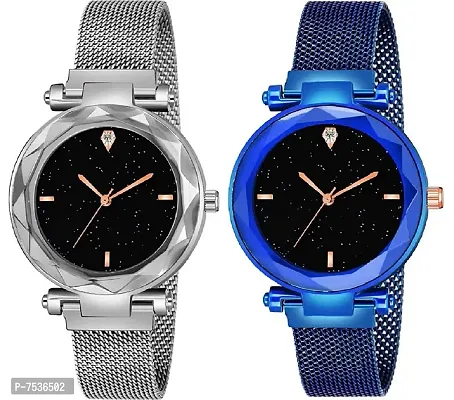 Acnos 4 Point Blue and Silver Color with Trending Magnetic Analogue Metal Strap Watches for Girl's and Women's Pack of - 2(P-170-220)