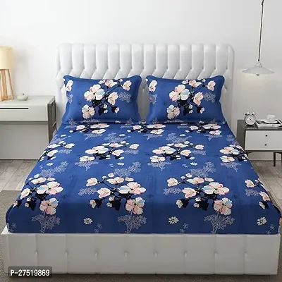 Stylish Blue Glace Cotton Double Size Mixed Printed 1 Bedsheet With 2 Pillowcovers-thumb0