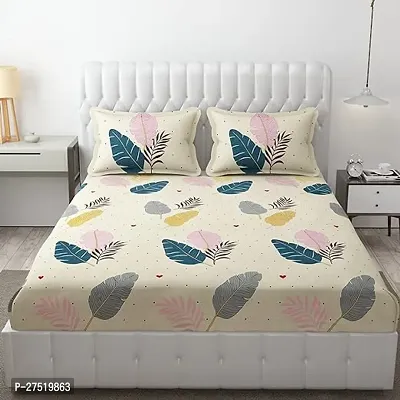 Stylish Beige  Glace Cotton Double Size Mixed Printed 1 Bedsheet With 2 Pillowcovers-thumb0