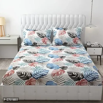 Stylish Blue Glace Cotton Double Size Mixed Printed 1 Bedsheet With 2 Pillowcovers