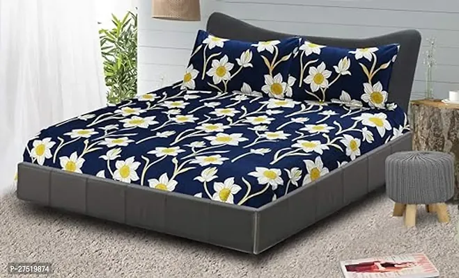 Stylish Navy Blue Glace Cotton Double Size Mixed Printed 1 Bedsheet With 2 Pillowcovers