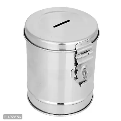 SMDE MUKTIDAYA ENTERPRISES Stainless Steel Coin Box | Money Container | Round Shape Steel Piggy Bank, Silver . Money Banks pack of 1-thumb0