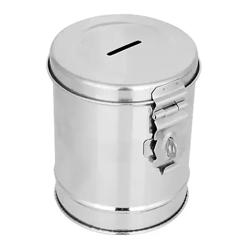 SMDE MUKTIDAYA ENTERPRISES Stainless Steel Coin Box | Money Container | Round Shape Steel Piggy Bank, Silver . Money Banks pack of 1