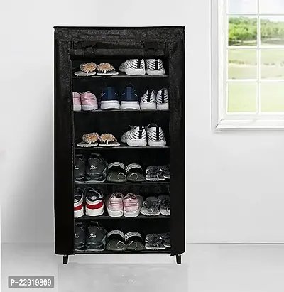 Multipurpose Collapsible Wardrobe Book case Cupboard Closet Organizer for Clothes Storage Rack for Kids Chappal Stand Office and Home use 6 Layer Black Metal-thumb0