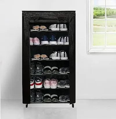 Multipurpose Collapsible Wardrobe Book case Cupboard Closet Organizer for Clothes Storage Rack for Kids Chappal Stand Office and Home use 6 Layer Black Metal