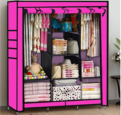 Konline 3-Door Foldable Wardrobe, 8 Storage Racks, (Plastic,Fabric) (Pink)