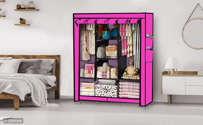Konline 3-Door Foldable Wardrobe, 8 Storage Racks, (Plastic,Fabric) (Pink)-thumb4