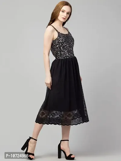 STYLZINDIA Women's Lace Design Polyster Net Solid Trendy Sequinned Mesh Midi Dress | BO16_P-thumb5