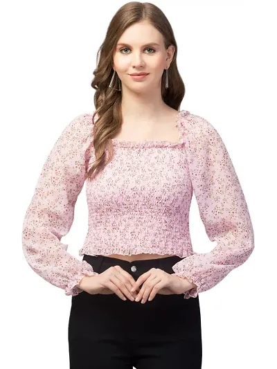 STYLZINDIA Pink-Puff Sleeves Floral Smocked Top