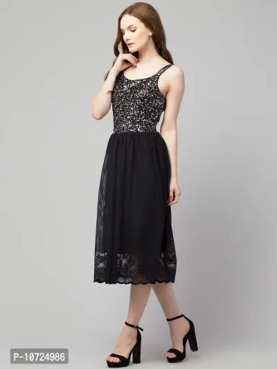 STYLZINDIA Women's Lace Design Polyster Net Solid Trendy Sequinned Mesh Midi Dress | BO16_P-thumb2