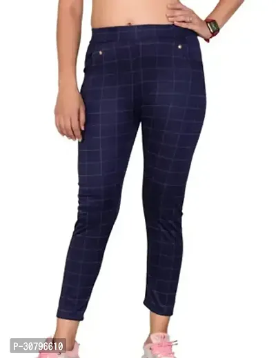 Elegant Blue Cotton Blend Checked Trousers For Women