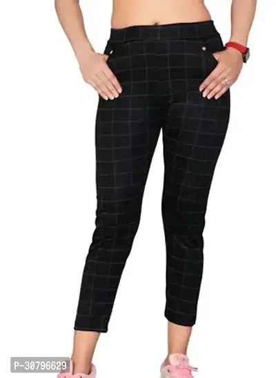 Elegant Black Cotton Blend Checked Trousers For Women