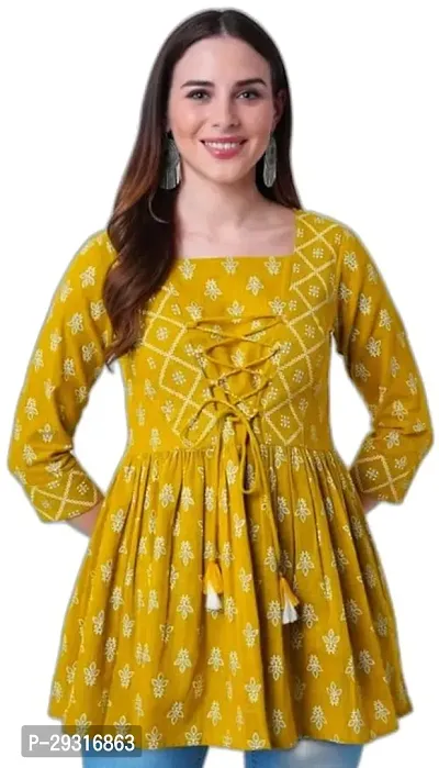 Beautiful Short Kurti Yellow Printed Rayon Kurta For Women-thumb0