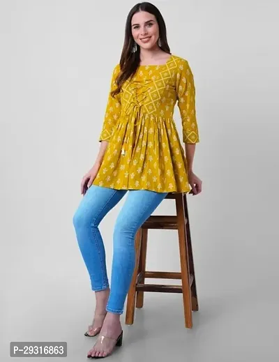 Beautiful Short Kurti Yellow Printed Rayon Kurta For Women-thumb2