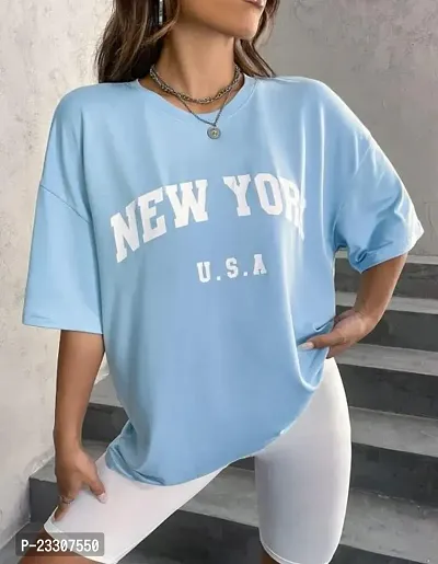 Elegant Blue Cotton Blend Tshirt For Women