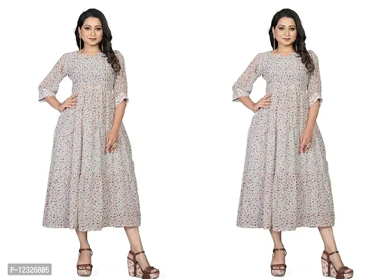 Stylish Rayon Grey Floral Printed 3/4 Sleeves Flared Kurta For Women- Pack Of 2