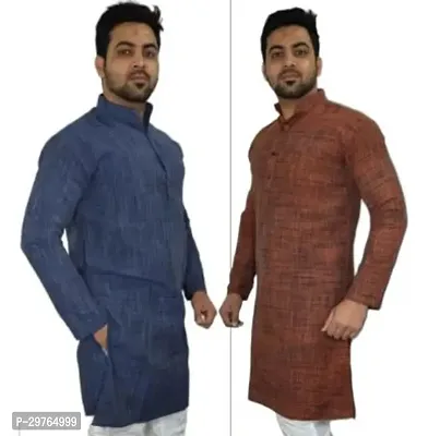 Stylish Multicoloured Khadi Cotton Solid Kurtas For Men Pack Of 2-thumb0