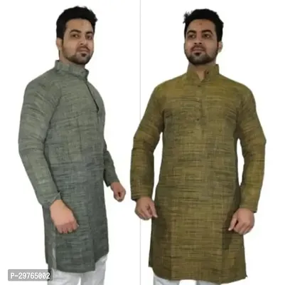 Stylish Multicoloured Khadi Cotton Solid Kurtas For Men Pack Of 2