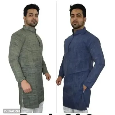 Stylish Multicoloured Khadi Cotton Solid Kurtas For Men Pack Of 2-thumb0