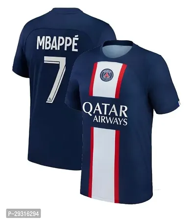 Stylish Blue Polycotton Mbappe 7 Pariss Football Team Home Kit Half Sleeve Jersey T-Shirt For Men