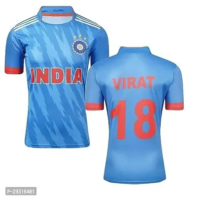 Stylish Blue Polycotton Virat Kohli 18 India Cricket Team Odi Jersey T-Shirt For Men-thumb0