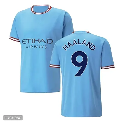 Stylish Blue Polycotton Football Soccer Haaland 9 Home Official Half Sleeve Jersey T-Shirt For Men-thumb0