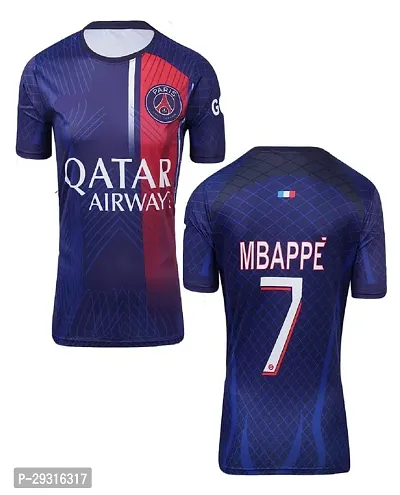 Stylish Blue Polycotton Paris Football With Back Print Mbappe Jersey T-Shirt For Men