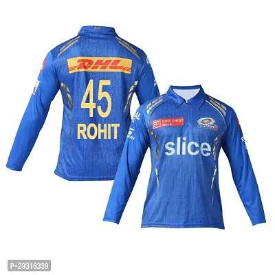 Stylish Blue Polycotton Rohit Sharma 45 Mi Cricket Team Full Sleeve Jersey T-Shirt For Men