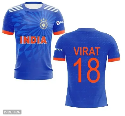 Stylish Blue Polycotton T20 Official World Cup Virat 18 Jersey T-Shirt For Men-thumb0