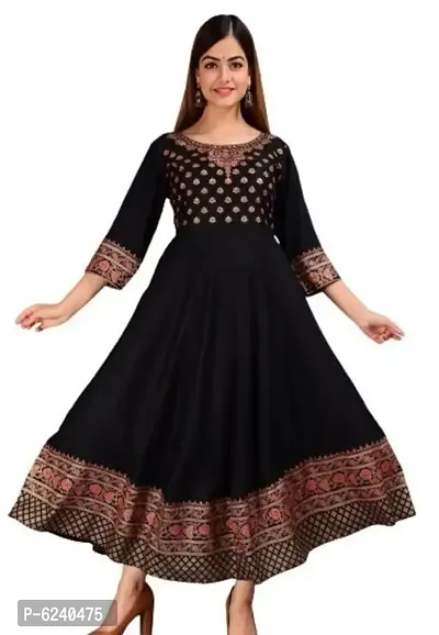 Reliable Black Rayon Printed Flared Kurta for Women-thumb0