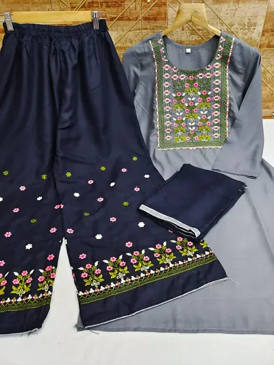 Rayon Embroidery Kurti And Bottom With Dupatta Set